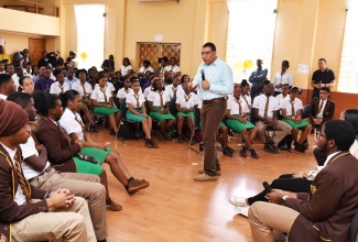 Prime Minister, the Most Hon. Andrew Holness, addresses sixth-form students at the Manchester High School in Mandeville recently, where he encouraged them to be ambassadors for peace.

