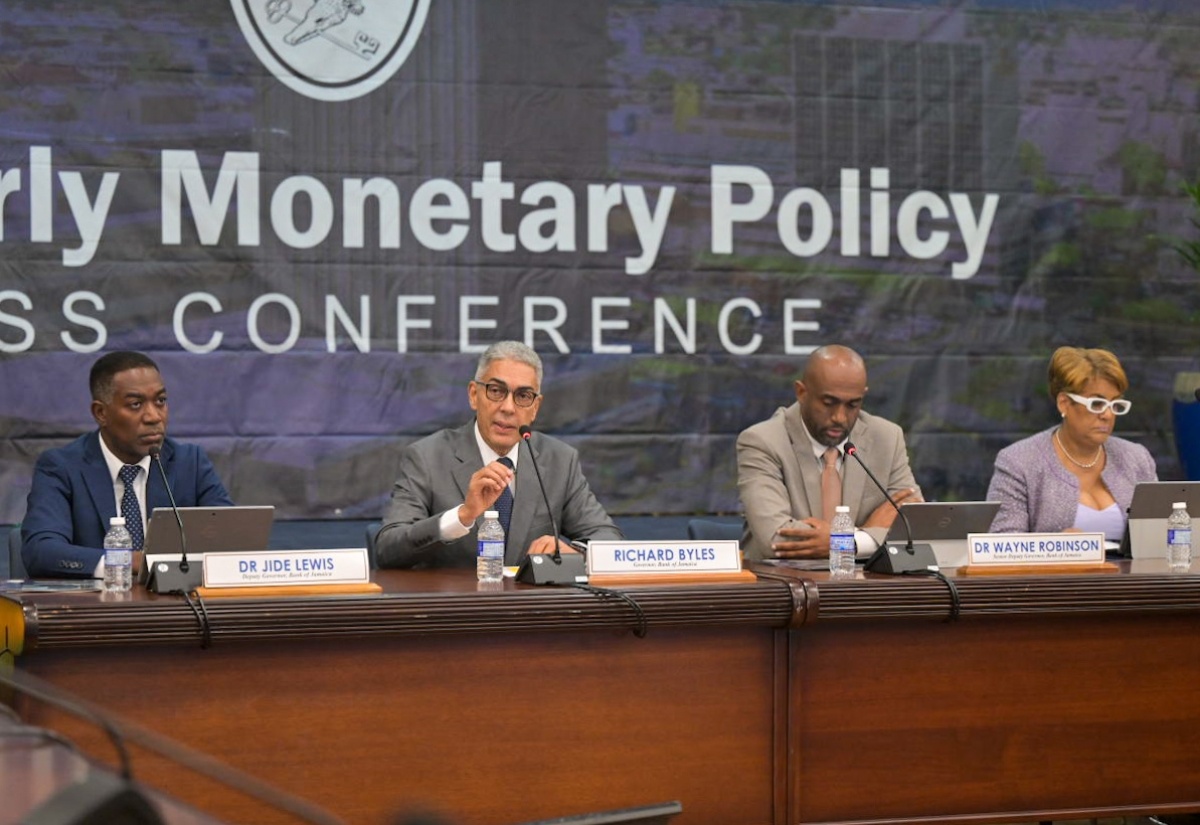 Bank of Jamaica (BOJ) Governor, Richard Byles (second left), responds to a question during the BOJ’s Quarterly Monetary Policy Press Conference on Tuesday (May 21). With him are (from left) BOJ Deputy Governor, Dr. Jide Lewis; BOJ Senior Deputy Governor, Dr. Wayne Robinson; and BOJ Deputy Governor, Natalie Haynes.

