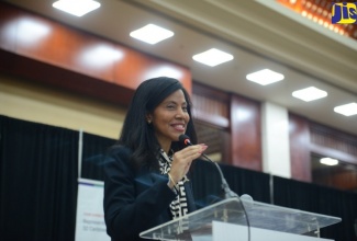 President of the Caribbean Hotel and Tourism Association (CHTA), Nicola Madden-Greig, addresses stakeholders and dignitaries at the opening of the 42nd Caribbean Travel Marketplace at the Montego Bay Convention Centre in St. James on May 20.