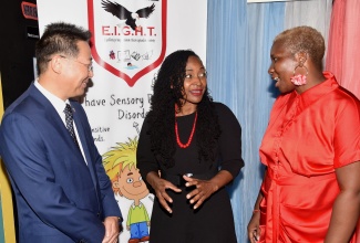 Minister of State in the Ministry of Education and Youth, Hon. Marsha Smith (centre), engages with Ambassador of the People’s Republic of China to Jamaica, His Excellency Chen Daojiang (left) and Principal of the Earnest Institute for the Gifted, Hyperactive and Talented, Natasha Russell (right), at the official unveiling of the institution located at 143 King Street, Kingston, on Tuesday (May 21).  The Earnest Institute is a special education institution catering to unique learning needs.