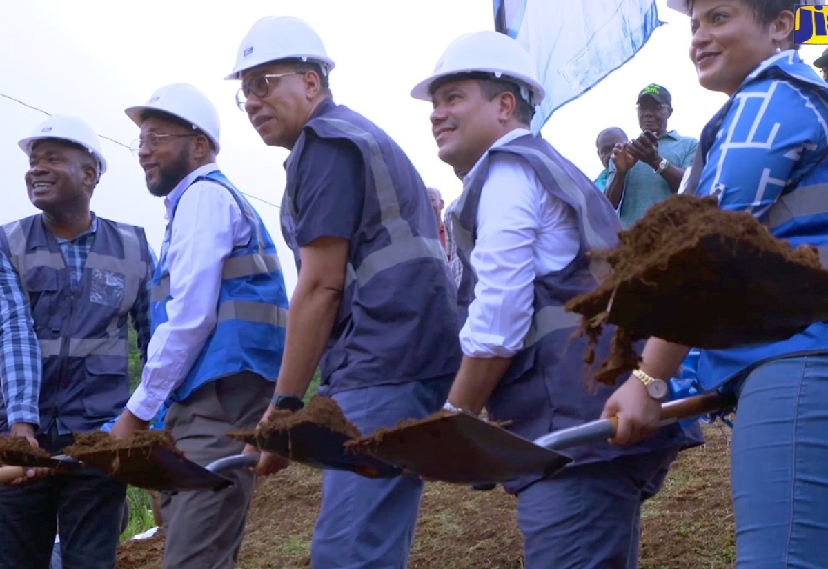 Prime Minister, the Most Hon. Andrew Holness (third left), breaks ground for the Brown's Town to Retreat Pipeline Project in St. Ann, on June 21. Also taking part are (from left) Minister of State in the Ministry of Finance and the Public Service and Member of Parliament for St. Ann South Western, Hon. Zavia Mayne; Mayor of St. Ann's Bay, Councillor Michael Belnavis; Minister without Portfolio in the Ministry of Economic Growth and Job Creation, Senator the Hon. Matthew Samuda and Member of Parliament for St. Ann North Western, Krystal Lee. 

