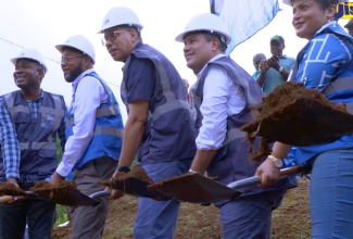 Prime Minister, the Most Hon. Andrew Holness (third left), breaks ground for the Brown's Town to Retreat Pipeline Project in St. Ann, on June 21. Also taking part are (from left) Minister of State in the Ministry of Finance and the Public Service and Member of Parliament for St. Ann South Western, Hon. Zavia Mayne; Mayor of St. Ann's Bay, Councillor Michael Belnavis; Minister without Portfolio in the Ministry of Economic Growth and Job Creation, Senator the Hon. Matthew Samuda and Member of Parliament for St. Ann North Western, Krystal Lee. 

