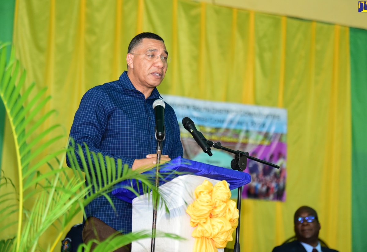 Prime Minister, the Most Hon. Andrew Holness, addresses residents and other stakeholders attending Saturday’s (June 29) St. Andrew South District Consultative Committee Conference at Pembroke Hall High School.