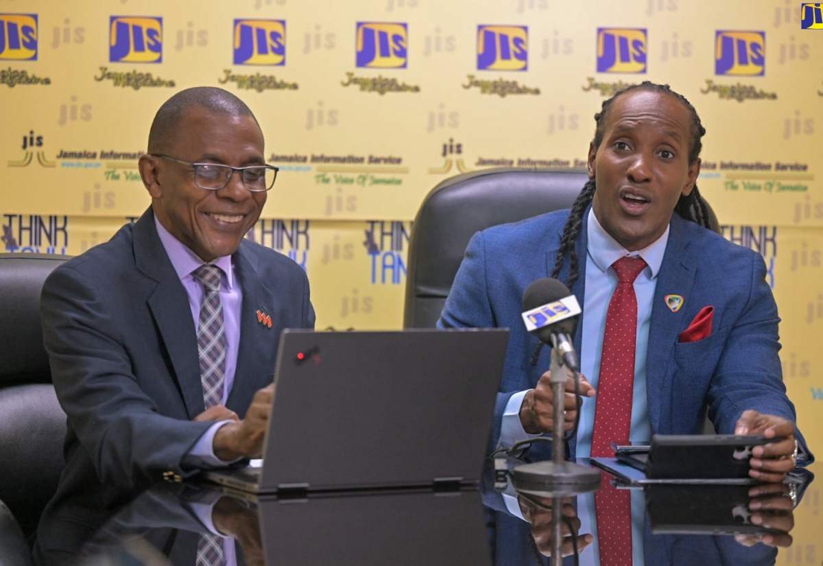 Minister of State in the Ministry of Foreign Affairs and Foreign Trade, Hon. Alando Terrelonge, addresses a recent JIS Think Tank. At left is Chairman of the 10th Jamaica Biennial Diaspora Conference, Courtney Campbell.