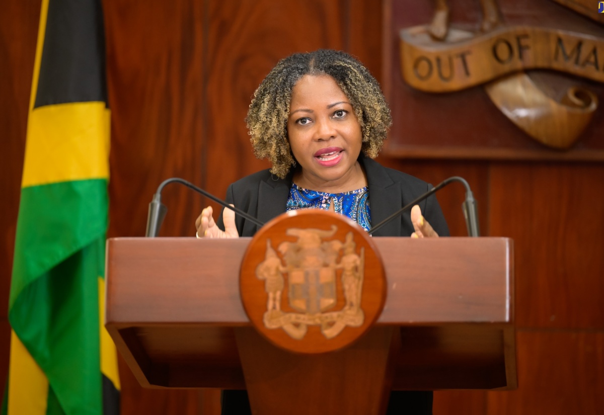 Minister without Portfolio in the Office of the Prime Minister with responsibility for Information, Skills and Digital Transformation, Senator Dr. the Hon. Dana Morris Dixon, addresses the June 26 post-Cabinet press briefing at Jamaica House.