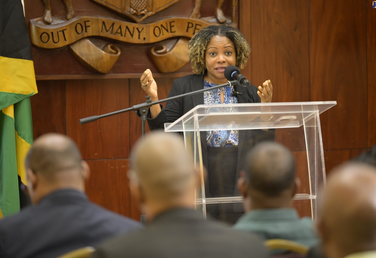 Minister without Portfolio in the Office of the Prime Minister with direct oversight for Skills, Digital Transformation and Information, Senator the Hon. Dr. Dana Morris Dixon, addresses the eGov Digital Public Service Strategic Discussion at Jamaica House, on June 26.

