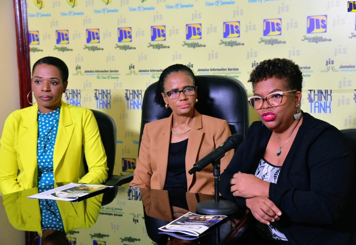 Senior Manager for Leadership Development at the Management Institute for National Development (MIND) and Conference Coordinator, Georgia Sinclair (right), addresses a Jamaica Information Service (JIS) Think Tank, today (June 27).  Listening (from left) are Chief Executive Officer, MIND, Dr. Ruby Brown, and Director, Business Development and Communication, MIND, Prudence James-Towsend.

