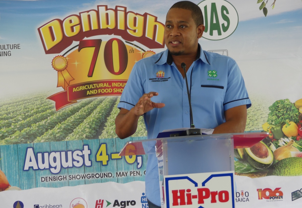 Minister of Agriculture, Fisheries and Mining, Hon. Floyd Green addresses the launch of the Denbigh Agricultural, Industrial and Food Show, held on June 21, at Hi-Pro Ace Supercentre, in White Marl, St. Catherine.