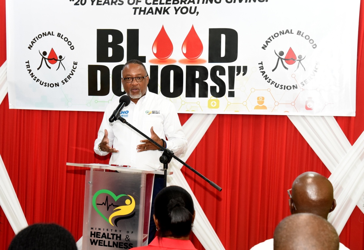 Permanent Secretary in the Ministry of Health and Wellness, Dunstan Bryan, addresses a World Blood Donor Day event, today (June 14), at the National Blood Transfusion Service (NBTS), on Slipe Road, in Kingston.

