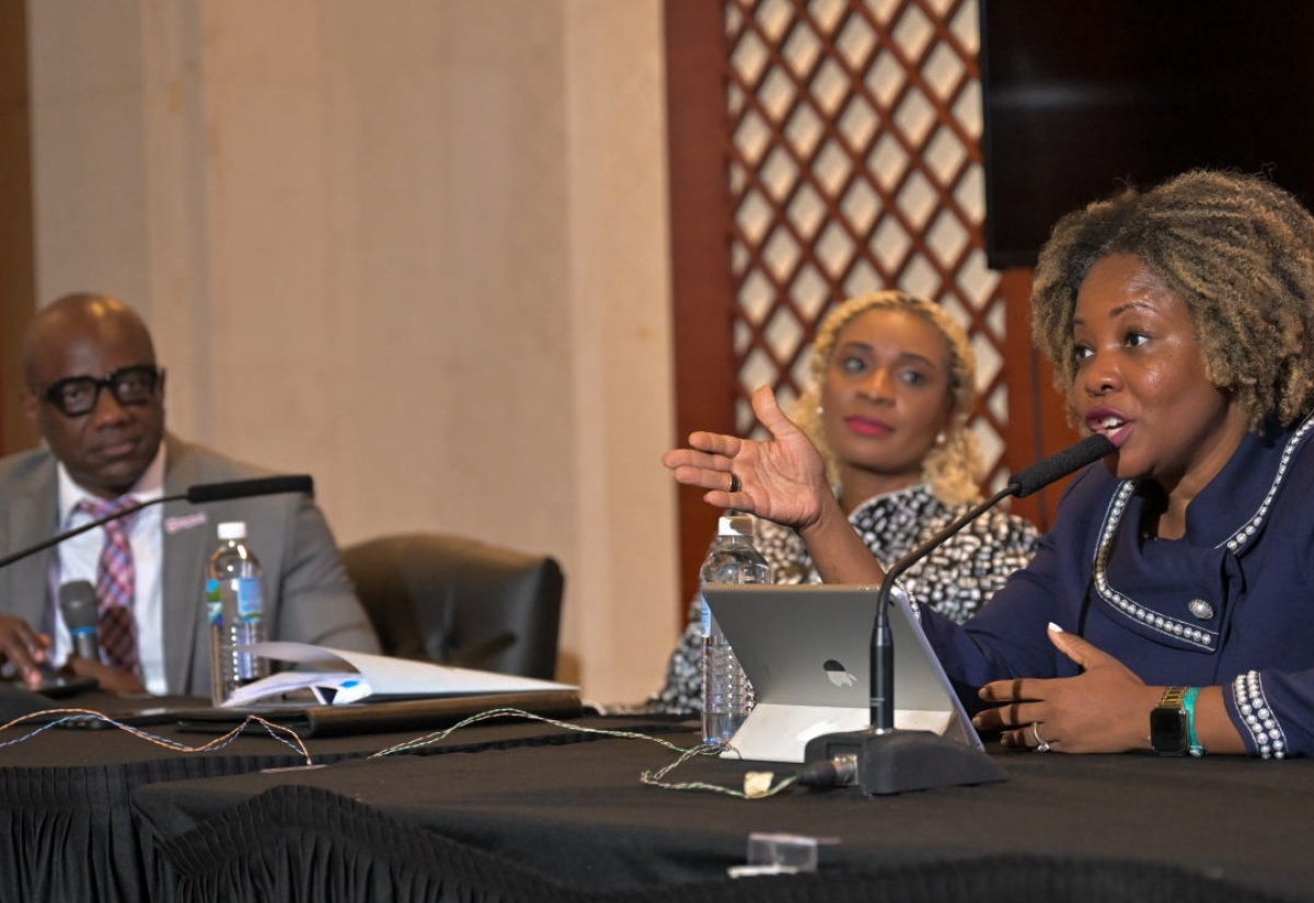 Minister without Portfolio in the Office of the Prime Minister with responsibility for Information, Skills and Digital Transformation, Dr. the Hon. Dana Morris Dixon (right) makes a point during a breakout session of the 10th Biennial Jamaica Diaspora Conference held at the Montego Bay Convention Centre in St. James on June 18. Listening (from left) are Head of Communications and Corporate Affairs at Digicel Jamaica, Elon Parkinson and Managing Director of the HEART/NSTA Trust, Dr. Taneisha Ingleton. The breakout session discussed the topic ‘Skills training at the cornerstone of national development through HEART/NSTA Trust’.

