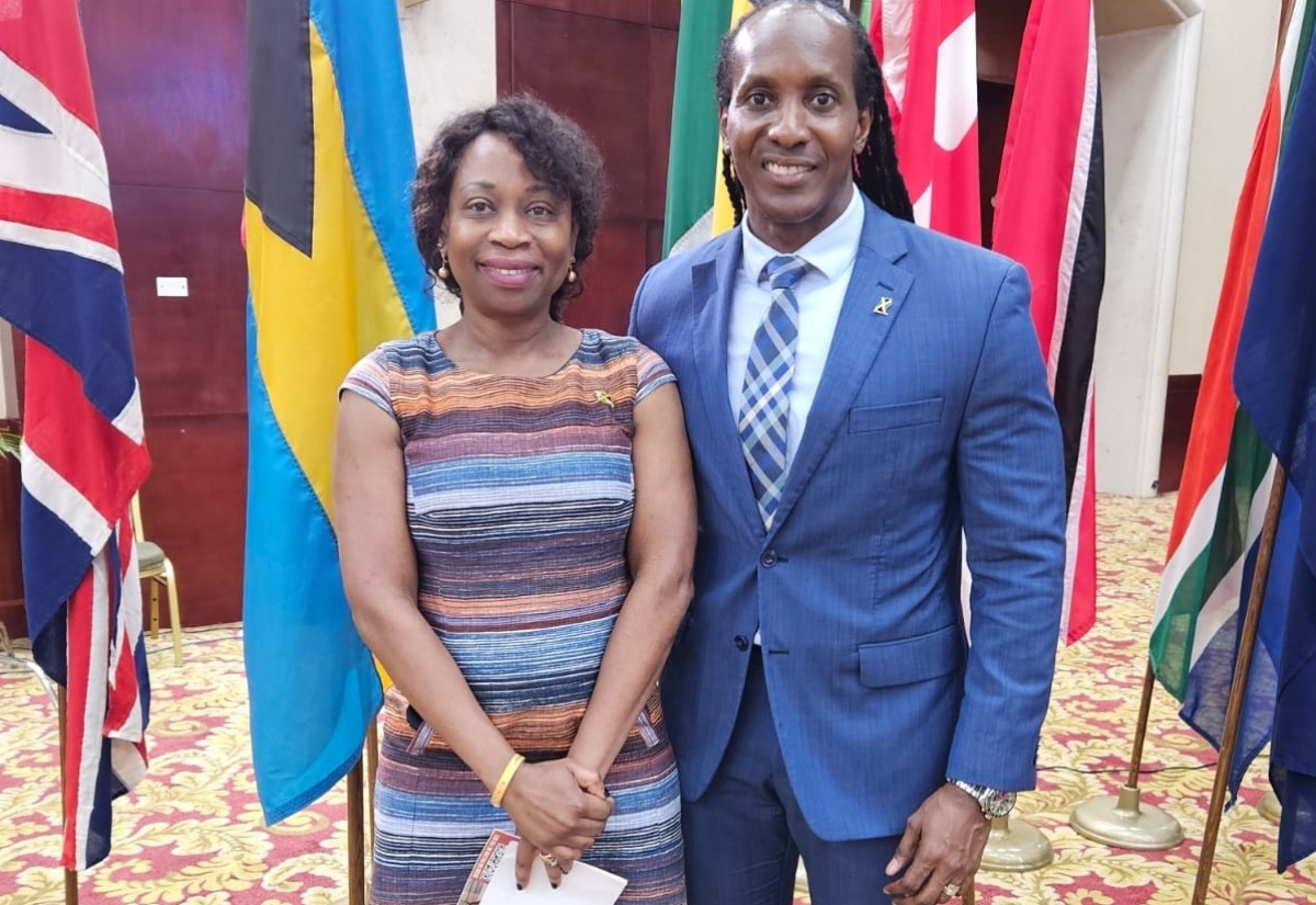State Minister in the Ministry of Foreign Affairs and Foreign Trade, Hon. Alando Terrelonge (right) with Global Jamaica Diaspora Council member and Education Sector Leader, Dr. Sandra Colly Durand, following the unveiling of the Jamaica Diaspora Mentorship Academy at the recently held 10th Biennial Jamaica Diaspora Conference at the Montego Bay Convention Centre in St. James.