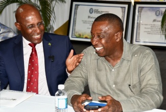 Minister of Industry, Investment and Commerce, Senator the Hon. Aubyn Hill (left), shares pleasantries with Mayor of Kingston, Councillor Andrew Swaby, during the Small Business Association of Jamaica (SBAJ) Biz Social at the Liguanea Club in New Kingston on May 31. Senator Hill delivered the keynote address on the topic ‘Roadmap to Business Growth’. The Biz Social was held under the theme ‘Grow Your Business Through Networking’.

