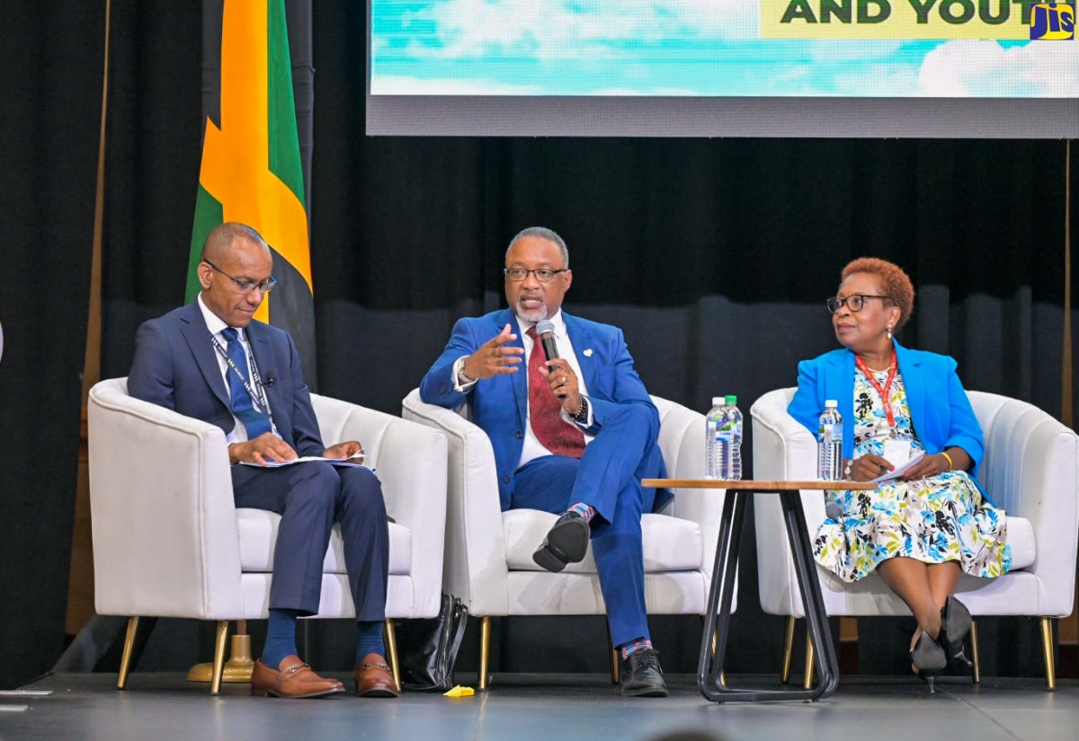 Permanent Secretary in the Ministry of Health and Wellness, Dunstan Bryan, addresses a session on ‘Transforming Jamaica’s Health System in Partnership with the Diaspora’ during the 10th Biennial Jamaica Diaspora Conference in Montego Bay on Monday (June 17). He is flanked by Sector Lead for Health and Wellness in the Global Jamaica Diaspora Council (GJDC), Dr. Gary Rhule (left), and member of the Jamaica Nurses Group in New York, United States (US), Claudette Powell.

