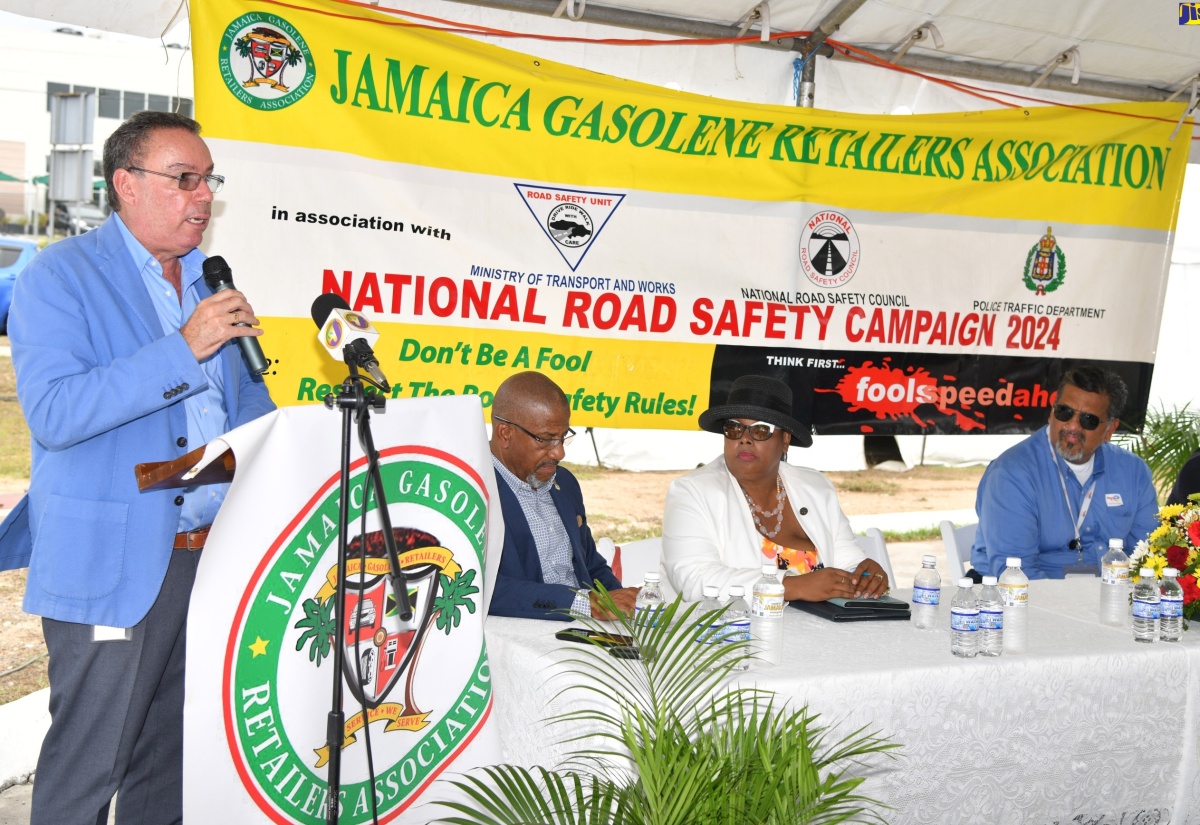 Minister of Science, Energy, Telecommunications and Transport, Hon. Daryl Vaz, delivers the main address at the Jamaica Gasolene Retailers Association (JGRA) Road Safety Month launch, held on Wednesday (June 5), at the TotalEnergies Service Station in Portmore Pines, St. Catherine. This month is being observed under the theme ‘Don’t be a fool, respect the road-safety rules’.