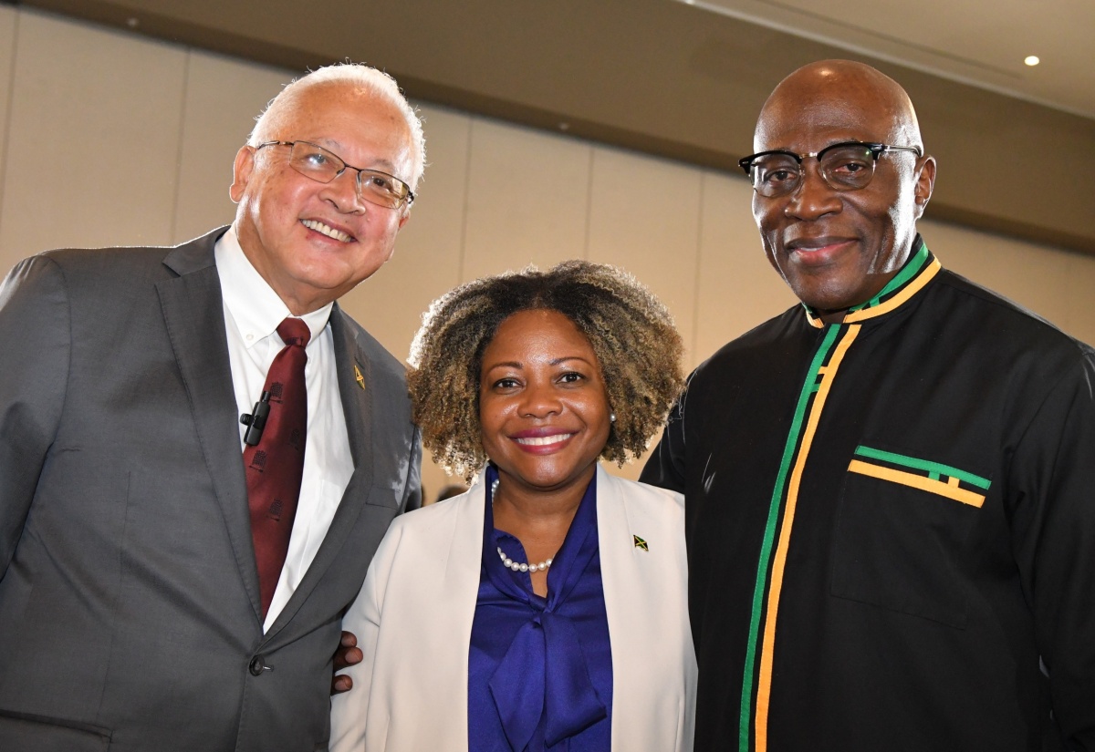 Justice Minister, Hon. Delroy Chuck (left), shares a moment with Minister without Portfolio in the Office of the Prime Minister with oversight for Skills and Digital Transformation, Senator the Hon. Dr. Dana Morris Dixon, and Chief Justice, Bryan Sykes, at the opening reception of the Chief Justices and Heads of Judiciaries of the Caribbean Conference 2024 on June 19 at the AC Marriott Hotel in Kingston.

