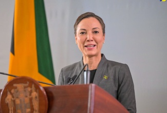 Minister of Foreign Affairs and Foreign Trade, Senator the Hon. Kamina Johnson Smith, addresses Wednesday’s (June 19) post-Cabinet press briefing at the Montego Bay Convention Centre in St. James.

