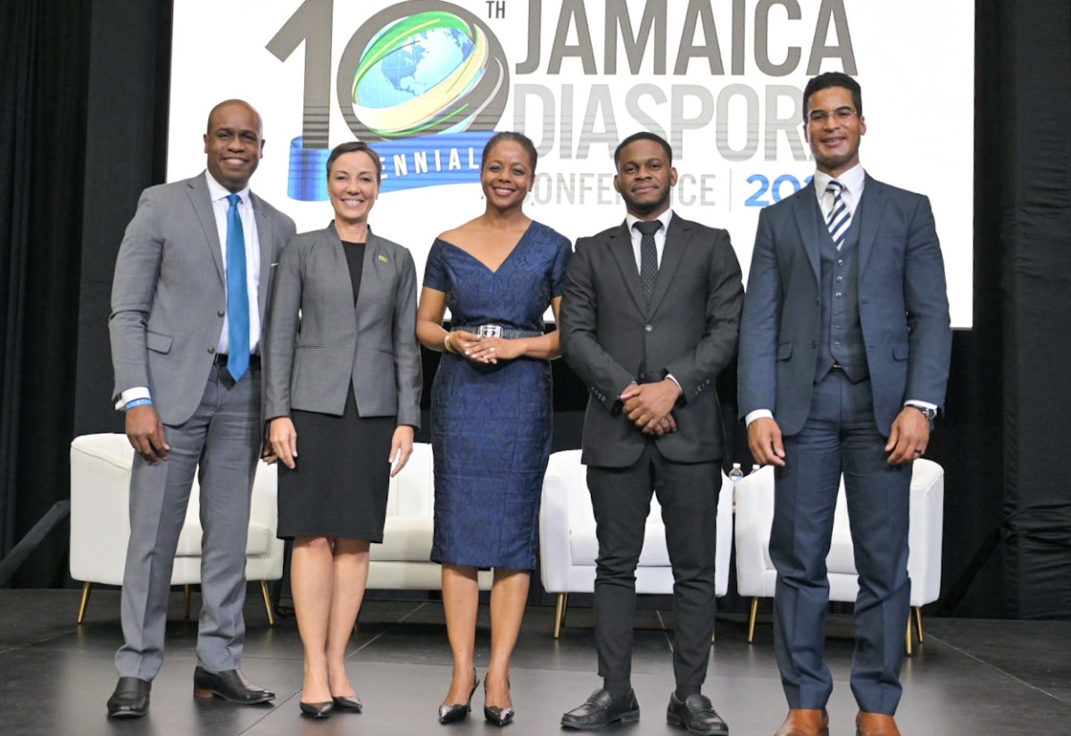 Minister of Legal and Constitutional Affairs, Hon. Marlene Malahoo Forte (centre), with (from left): Lawyer, Marlon Hill; Minister of Foreign Affairs and Foreign Trade, Hon. Kamina Johnson Smith; Youth Representative on the Constitutional Reform Committee, Sujae Boswell; and International Constitutional Law Expert and Member of the Constitutional Reform Committee, Professor Richard Albert, at the 10th Biennial Diaspora Conference, on June 19,  at the Montego Bay Convention Centre in St. James.

