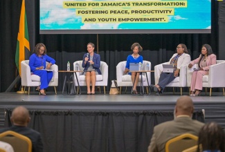 Minister of Foreign Affairs and Foreign Trade, Senator the Hon. Kamina Jonson Smith (second left), participates in a Plenary Session at the 10th Biennial Diaspora Conference at the Montego Bay Convention Centre, St. James, on June 17. Other panellists include (from left) Ambassador of Jamaica to Belgium and Head of Mission to the European Union (EU), Her Excellency Symone Betton Nayo; President, Jamaican Women of Florida, Aisha Rainford; High Commissioner of Jamaica to Canada, Her Excellency Marsha Coore Lobban, and Consul General of Jamaica in New York, Alsion Wilson, OD.  

