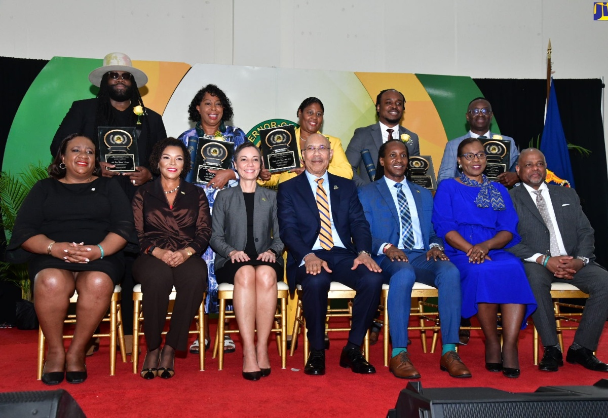 Governor-General, His Excellency the Most Hon. Sir Patrick Allen (seated, centre), with recipients and several stakeholders during the 2024 Governor-General Diaspora Achievement Awards ceremony at the Montego Bay Convention Centre in St. James on June 19. Also with the awardees are: Minister of Foreign Affairs and Foreign Trade, Senator the Hon. Kamina Johnson Smith (seated, third left); Jamaica’s Ambassador to the United States, Her Excellency Audrey Marks (seated, second left); and State Minister in the Ministry of Foreign Affairs and Foreign, Hon. Alando Terrelonge (seated, third right). 

