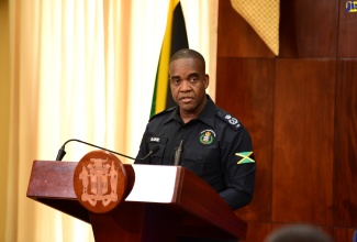 Police Commissioner, Dr. Kevin Blake, addresses Monday’s (July 1) press conference at the Office of the Prime Minister (OPM).


