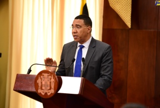 Prime Minister, the Most. Hon. Andrew Holness, addresses a press briefing at Jamaica House in Kingston on Monday (July 1) to update the nation on the country’s preparedness for Hurricane Beryl.