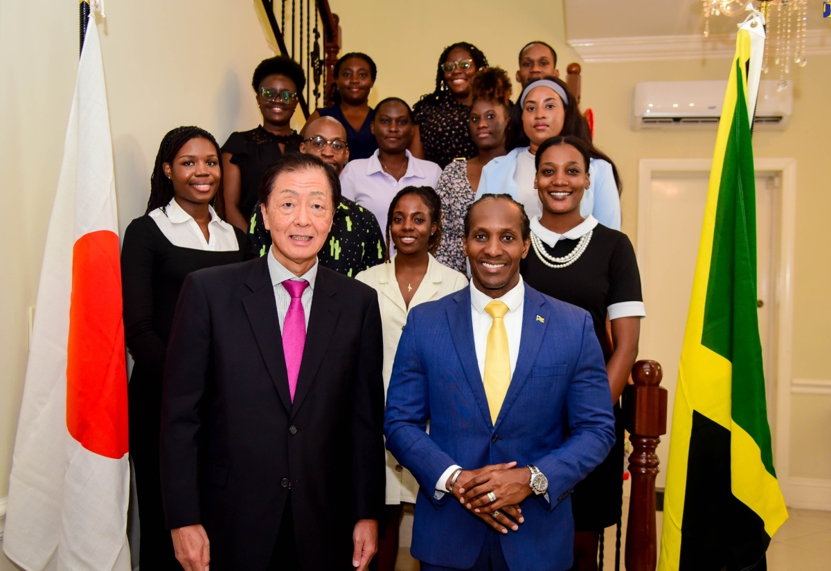 Minister of State in the Ministry of Foreign Affairs and Foreign Trade, Hon. Alando Terrelonge (right, front row), and Japan’s Ambassador to Jamaica, His Excellency Yasuhiro Atsumi (left, front row), share a photo opportunity with this year’s group of Jamaicans who will participate in the Japan Exchange and Teaching (JET) Programme, during a send-off reception on Friday (July 19). The reception was held at the Ambassador’s Official Residence on Paddington Terrace in St. Andrew. The group represents Jamaica’s 24th participating cohort.