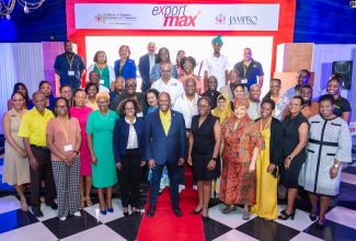 Industry, Investment and Commerce Minister, Senator the Hon. Aubyn Hill (fourth left, front row), and Jamaica Promotions Corporation (JAMPRO) President, Shullette Cox (third left, front), with representatives of the 57 companies onboarded under phase four of JAMPRO’s EXPORT MAX Programme, and other stakeholder interests. The occasion was Tuesday’s launch of EXPORT MAX IV at the Terra Nova All-Suite Hotel in Kingston. Other participants include Executive Director, Jamaica Manufacturers and Exporters Association (JMEA), Kamesha Blake (fifth right, front row), and Chief Executive Officer, Jamaica Business Development Corporation (JBDC), Valerie Viera (fourth right, front row).