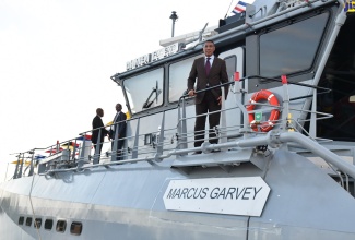Prime Minister, the Most Hon. Andrew Holness (right), aboard the newly commissioned His Majesty’s Jamaican Ship (HMJS) Marcus Garvey, following a commissioning ceremony on July 30 at Port Royal pier.

