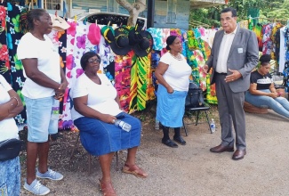 Minister of State in the Office of the Prime Minister (West) and Member of Parliament for St. James Southern, Hon. Homer Davis (right), speaks to vendors during the launch of the Catadupa Heritage and Eco Tours, held in the community recently. 