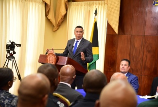 Prime Minister, the Most Hon. Andrew Holness, addresses a briefing with agencies responsible for disaster preparedness, and members of the Cabinet, regarding the state-of readiness for the passage of Hurricane Beryl at Jamaica House on Monday (July 1).