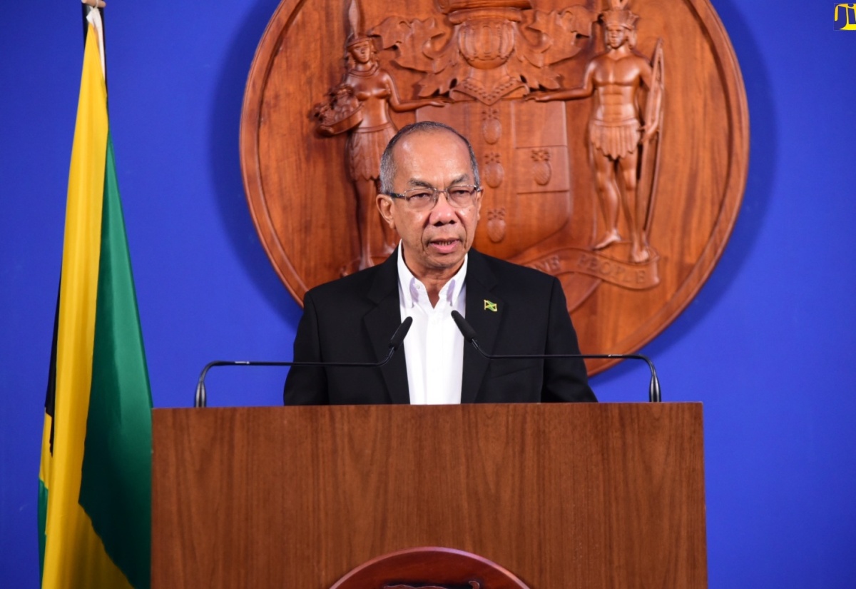 Deputy Prime Minister and Minister of National Security, Hon. Dr. Horace Chang, addressing an emergency press conference held on Monday (August 12) at the Office of the Prime Minister.

