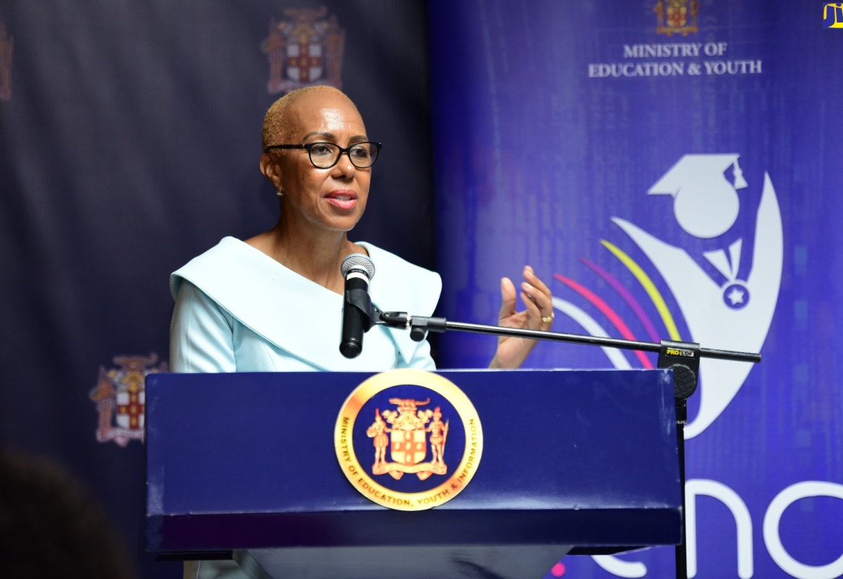 Minister of Education and Youth, Hon. Fayval Williams, addresses Monday’s (August 26) press conference to provide a report on Jamaica’s performance in the May/June 2024 CSEC and CAPE examinations, at the Ministry’s offices in Kingston.

