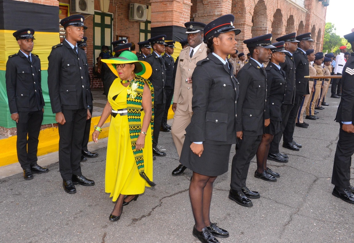 Custos of St. Catherine, Hon. Icylin Golding (centre), inspects uniformed groups at the Independence Day Flag Raising and Civic Ceremony held on the grounds of Emancipation square, Spanish Town, St. Catherine today (August 6).