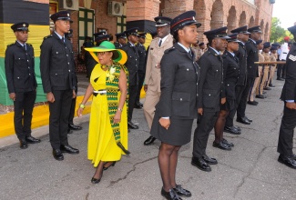 Custos of St. Catherine, Hon. Icylin Golding (centre), inspects uniformed groups at the Independence Day Flag Raising and Civic Ceremony held on the grounds of Emancipation square, Spanish Town, St. Catherine today (August 6).