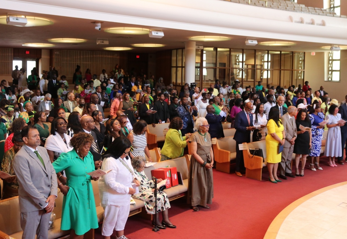 Jamaicans and friends of Jamaica lift their voices in song at the recent Emancipation and Independence church service held at the Sligo Seventh-Day Adventist Church in Takoma Park, Maryland