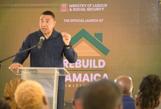 Prime Minister, the Most Hon. Andrew Holness, addresses Monday’s (August 5) launch of the Rebuild Jamaica Initiative, at the Ministry of Labour and Social Security in downtown Kingston. Under the Initiative, Jamaicans whose homes were damaged or destroyed during the recent passage of Hurricane Beryl will receive relief grants from the Government.
