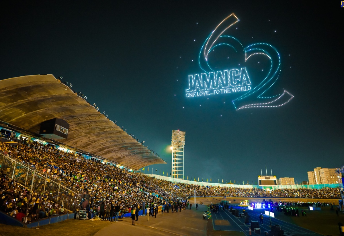 The ‘Jamaica 62 One Love…to the World’ theme lights up the night sky during the spectacular drone display that culminated the Grand Gala Independence celebrations on August 6 at the National Stadium in Kingston.