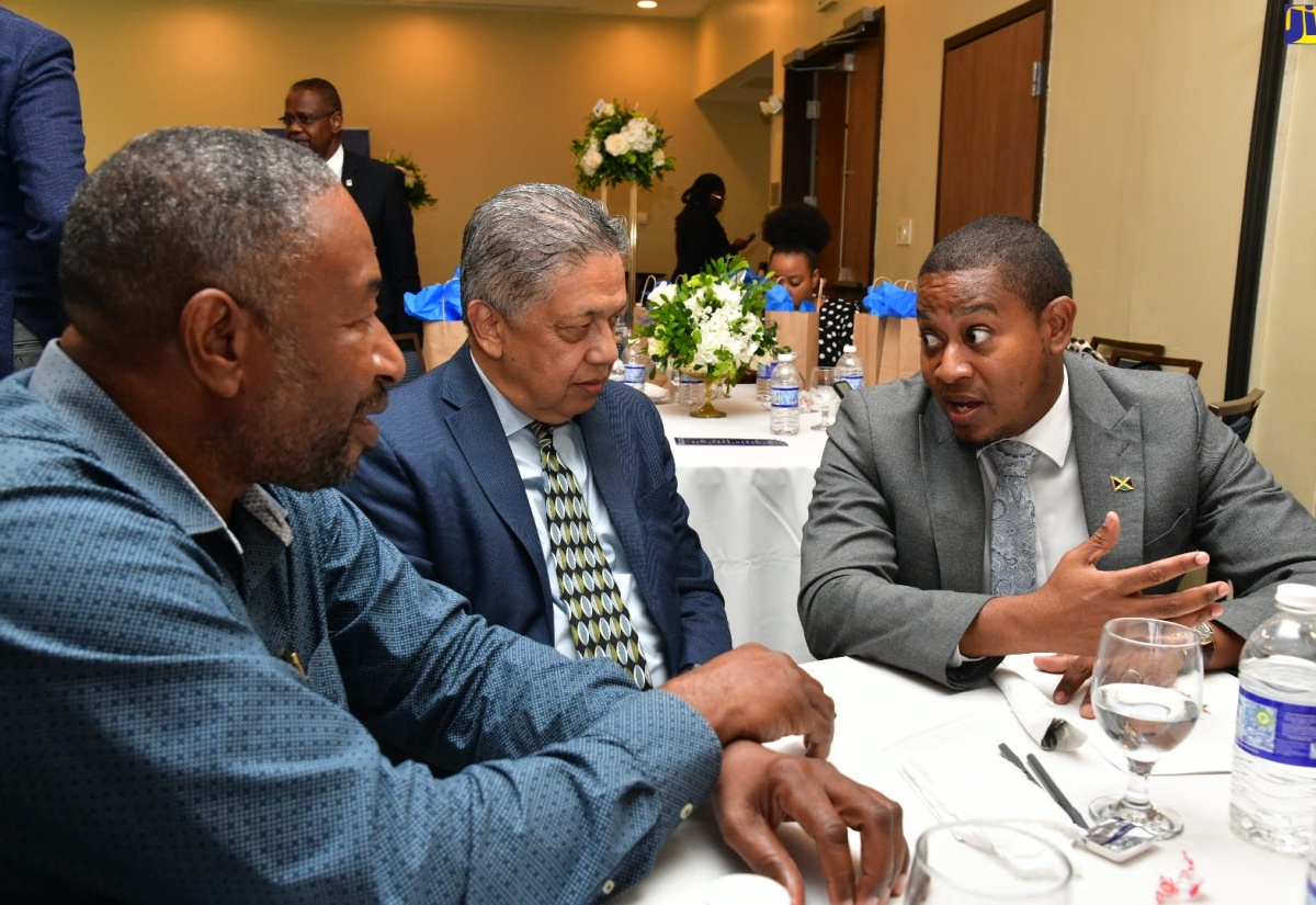 Minister of Agriculture, Fisheries and Mining, Hon. Floyd Green (fright) engages in conversation with General Manager of the Credit Enhancement Facility (CEF), David Wan (centre) and Managing Director of Eden's Valley Limited, Alton Scott at the Development Bank of Jamaica’s (DBJ) CEF Superstars Awards on Wednesday (August 14) at the Courtyard Marriott in Kingston.

 