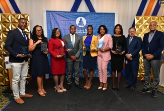 Minister of Agriculture, Fisheries and Mining, Hon. Floyd Green (fourth left), shares a photo opportunity with the award recipients at the Development Bank of Jamaica’s Credit Enhancement Facility (CEF) Superstars Awards held on Wednesday (August 14) at the Courtyard Marriott in Kingston. The Minister is joined by Director at the Development Bank of Jamaica (DBJ), Barrington Chisholm (right); and General Manager of the CEF, David Wan (second right); The awardees (from left) are Assistant Manager, Adjudication, Lasco Microfinance, Lance Griffiths; Manager SME Business Banking, Sagicor Bank, Nicola Speid Morgan; NCB Business Bankers, Tolcia Barnes, Davia Neale-Forrest and Stacy-Ann Harrison-Hyde; and Branch Manager, First Global Bank, Kelli-Ann James.

