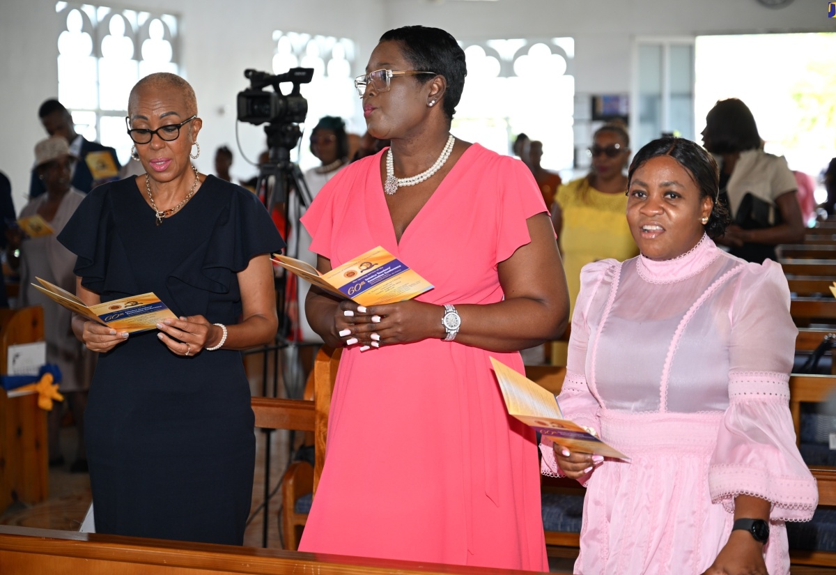 Minister of Education and Youth, Hon. Fayval Williams (left), participates in the Jamaica Teachers’ Association (JTA) Church Service at the St. Matthew’s Anglican Church in Santa Cruz, St. Elizabeth, on Sunday, August 18, to commemorate the entity’s 60th anniversary.  Also taking part (from second left) are Acting Chief Education Officer in the Ministry of Education and Youth, Terry-Ann Thomas-Gayle; and Chief Transformation Education Officer, Sophia Forbes-Hall.

