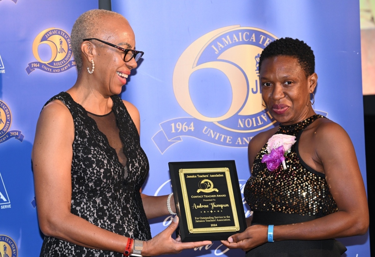 Minister of Education and Youth, Hon. Fayval Williams (left), presents the Contact Teacher Award to educator, Andrene Thompson, at the Jamaica Teachers’ Association (JTA) 60th Annual Conference Awards Ceremony, held at the Ocean Coral Spring in Trelawny, on August 20.

