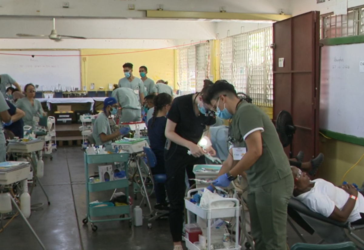 Volunteer dental students from the University of Ontario, Canada, and International dental hygienists at work during the 1000 Smiles initiative in St. Ann, at the Ocho Rios High school.

