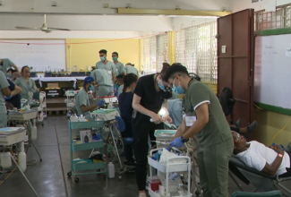 Volunteer dental students from the University of Ontario, Canada, and International dental hygienists at work during the 1000 Smiles initiative in St. Ann, at the Ocho Rios High school.

