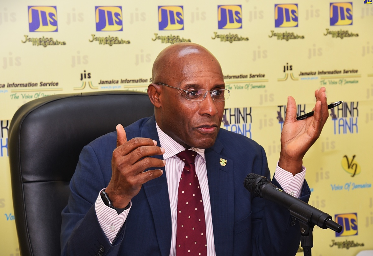 Minister of Industry, Investment and Commerce, Senator the Hon. Aubyn Hill, announces the country’s accession to the Marrakesh Treaty during a Jamaica Information Service (JIS) ‘Think Tank’ at the agency’s head office in Kingston on Wednesday (August 28).

