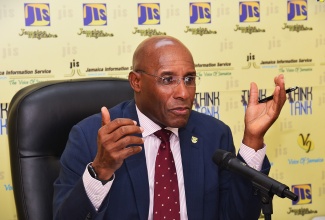 Minister of Industry, Investment and Commerce, Senator the Hon. Aubyn Hill, announces the country’s accession to the Marrakesh Treaty during a Jamaica Information Service (JIS) ‘Think Tank’ at the agency’s head office in Kingston on Wednesday (August 28).

