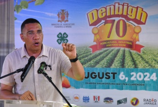 Prime Minister, the Most Hon. Andrew Holness, delivers the main address during Tuesday’s (August 6) staging of the Denbigh Agricultural, Industrial and Food Show in Clarendon.