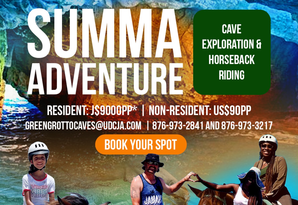 The Urban Development Corporation (UDC) Summa Adventure promotion flyer. The promotion entails a guided tour of Green Grotto Caves & Attraction and horseback riding at Sand and Saddle.

