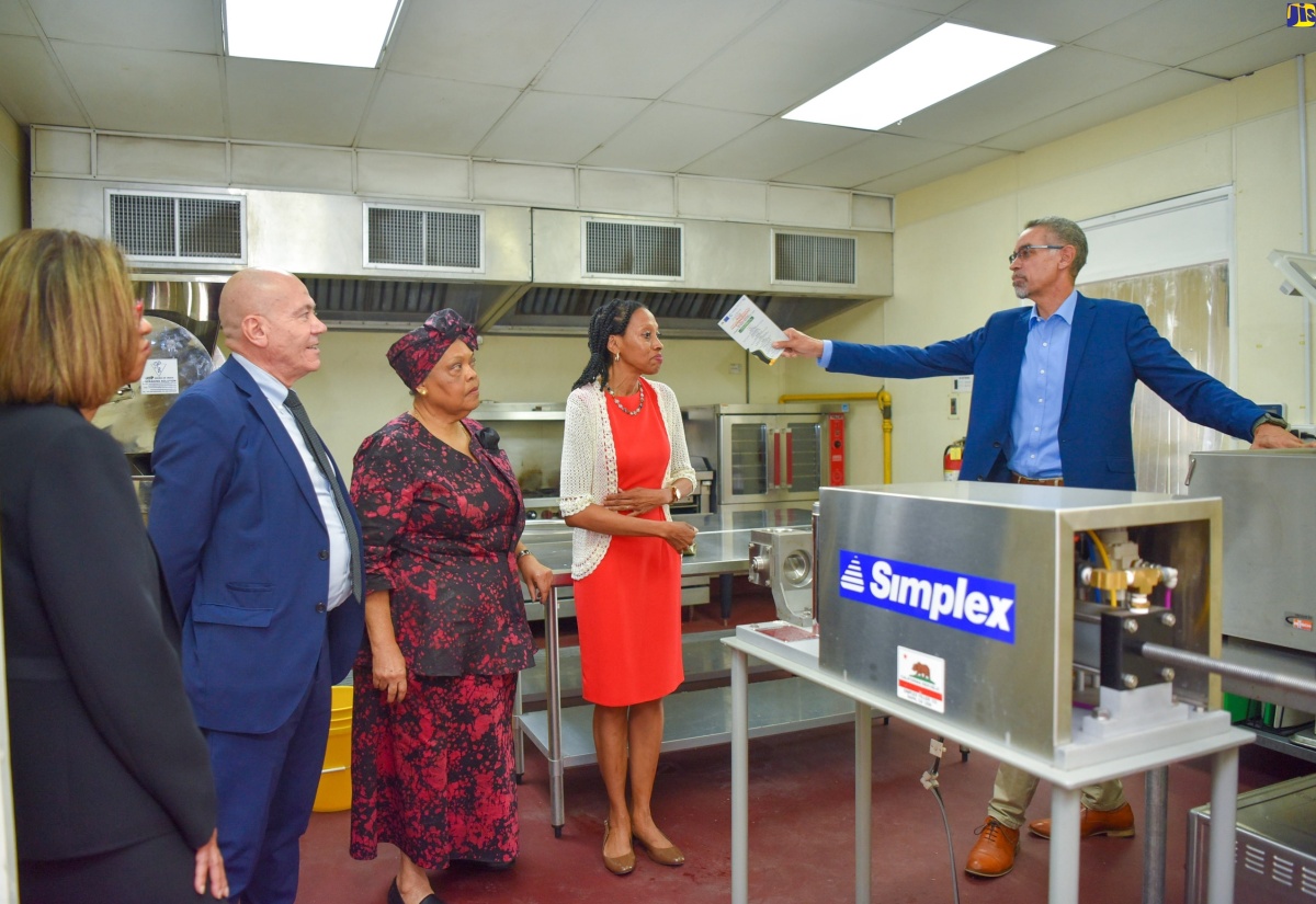 Director of the Jamaica Business Development Corporation (JBDC) Incubator and Resource Centre, David Harrison (right), leads a tour of the Agro-processing Incubator located at the centre at the grand opening in November 2023.  From left are Permanent Secretary in the Ministry of Industry, Investment and Commerce, Sancia Bennett Templer; Head of Cooperation – Delegation of the European Union, Aniceto Rodriguez Ruiz; JBDC Chief Executive Officer, Valerie Veira; and Advisor to the Vice-President of Operations, Caribbean Development Bank, Dr. Darran Newman.

