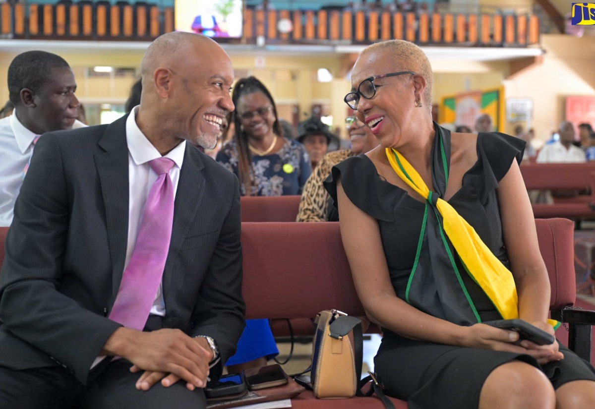 Minister of Education and Youth, Hon. Fayval Williams (right) enjoys a lively conversation with Chairman, National Council on Technical and Vocational Education and Training (NCTVET), Vaughn McDonald, at NCTVET’s 30th Anniversary Church Service held today (August 25) at the Boulevard Baptist Church in Kingston.   