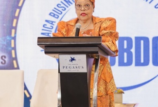 Chief Executive Officer, Jamaica Business Development Corporation, Valerie Veira, delivers remarks during the recent Digital Jamaica Summit and Showcase at The Jamaica Pegasus hotel in New Kingston. 